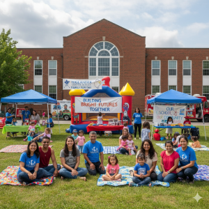 An AI generated photo depicting families at a Family Engagement outdoor event at Highlander Charter School.